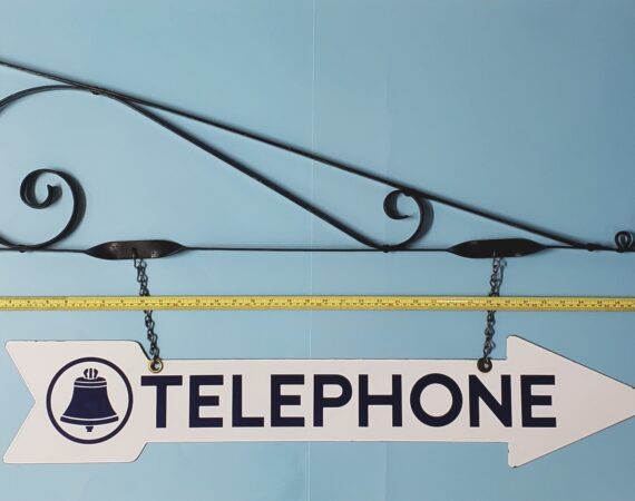 Bell System Porcelain Directional Arrow Telephone Sign with Bracket.